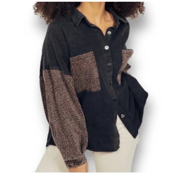 POL Women Leopard Patchwork Oversized Snap Button Front Denim Shirt Size M Black - Picture 1 of 6